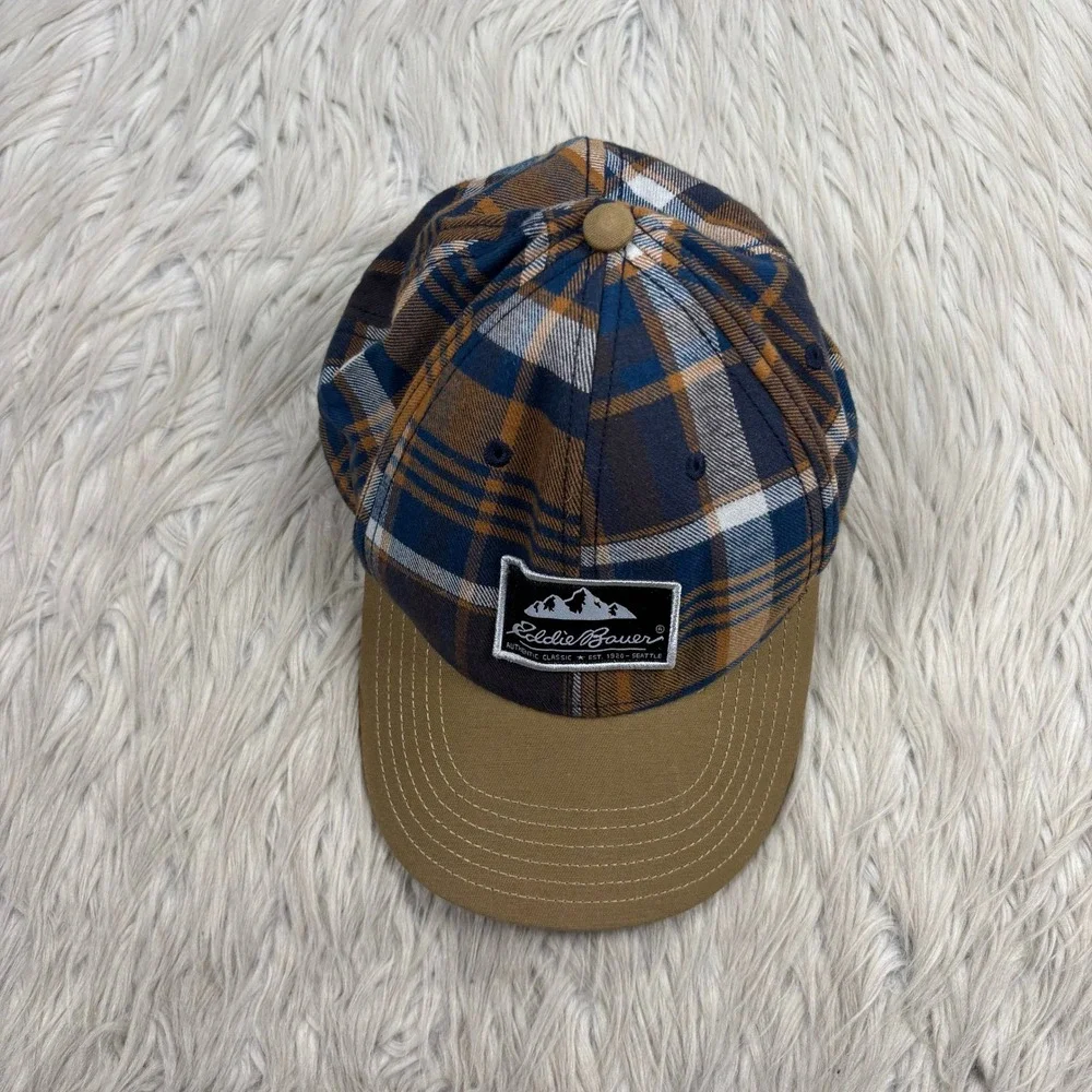 Eddie Bauer Men's Unisex OS Brown Navy Plaid Baseball Hat Cabincore Gorpcore